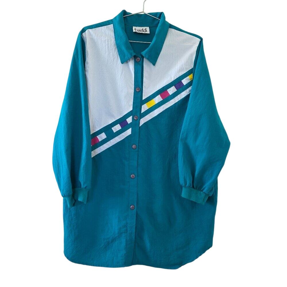 Teddi Vintage Color Block Button Down Blouse Teal Multicolor Unisex XL Retro